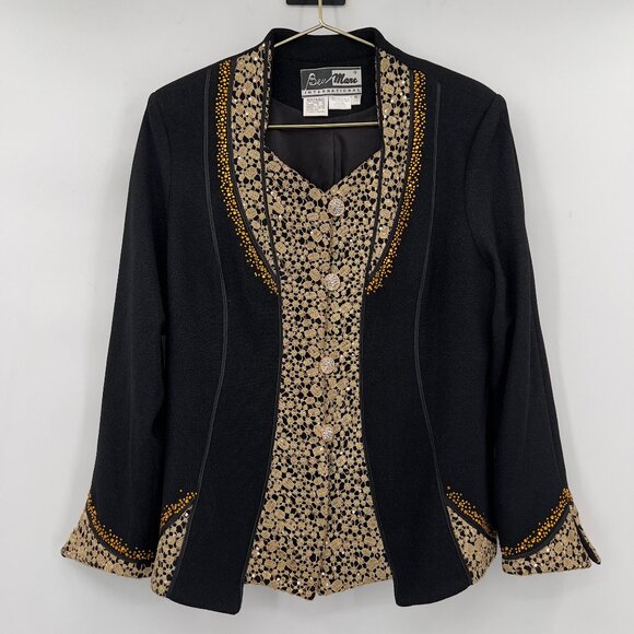 Vintage Beau Marc International Black & Gold Embellished Shimmering Blazer 16 - Picture 1 of 10